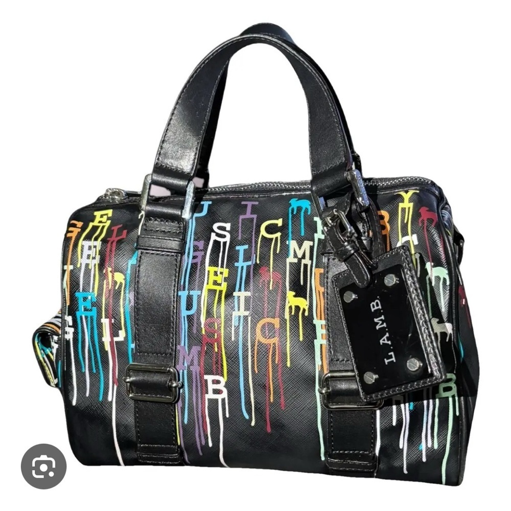 *RARE L.A.M.B. Black with Multicolor Graffiti Drip Satchel Barrel Bag